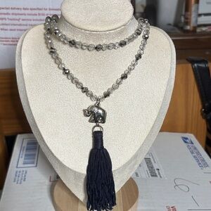 Elegant Silver and Black Beaded Necklace with Elephant Pendant
